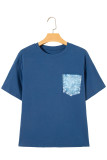 Sail Blue Color Block Chest Pocket Patched Casual Short Sleeve Top