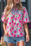 Pink Floral Print Short Sleeve Contrast Patchwork Tassel Tie Blouse