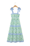 Green Geometric Floral Print Striped Patchwork Detail Sleeveless Dress