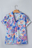 Purple Vacation Floral Print V Neck Short Sleeve Blouse