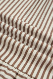 Brown Stripe Shirt Collar Color Block Patchwork Trim Ruffle Hem Short Dress