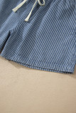 Blue Stripe Drawstring Elastic Waist Casual Denim Shorts