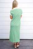 Green Stripe Collared V Neck Short Sleeve T Shirt Midi Dress with Pockets