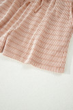 Khaki Stripe Raised Rib Loose Tee Drawstring Elastic Waist 2pcs Short Set
