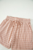 Khaki Stripe Raised Rib Loose Tee Drawstring Elastic Waist 2pcs Short Set