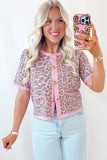 Pink Leopard Button Down Short Sleeve Sweater Cardigan