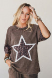 Coffee Mineral Wash Exposed Seam Leopard Star Patched T Shirt