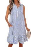 Sky Blue Stripe Shirt Collar Shirred Detail Ruffle Hem Sleeveless Dress