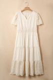 Apricot Plus Size V Neck Lacy Embroidery Patchwork Short Sleeve Maxi Dress