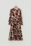 Chestnut Floral Puff Sleeve Smocked Bodice Ruffled Long Dress