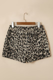 Brown Retro Leopard Print Lace-up Elastic Waistband Mid Rise Denim Shorts