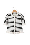 Beige Stripe Ruffle Trim Button Down Knit Short Sleeve Sweater Cardigan