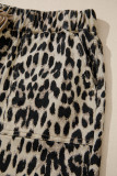 Brown Retro Leopard Print Lace-up Elastic Waistband Mid Rise Denim Shorts