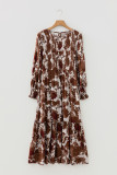 Chestnut Floral Puff Sleeve Smocked Bodice Ruffled Long Dress