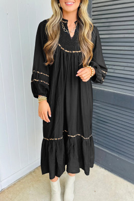Black Contrast Leopard Trim Split Neck Long Sleeve Casual Midi Dress