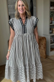 Black Stripe Double Ruffled Short Sleeve Contrast Trim V Neck Midi Dress