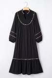 Black Contrast Leopard Trim Split Neck Long Sleeve Casual Midi Dress