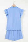 Sky Blue Half Zipped Ruffled Short Set