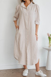 Khaki Stripe Frilled Collar Half Sleeve Shirt Maxi Dress
