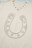 White Horseshoe Embroidered Star Trim V Neck Loose Tank Top