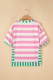 Pink Stripe Exposed Seam Contrast Patchwork Oversized Top