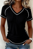 Black Waffle Textured Contrast Trim V Neck Tee