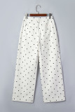 White Polka Dot Print Scalloped Patch Pocket Cotton Shift Pants