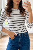Beige Stripe Ribbed Knit Round Neck Long Sleeve Top