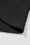 Black Button Notched Neck Waffle Knit Long Sleeve Top