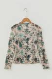 Green Western Style Floral Print Long Sleeve Mesh Top