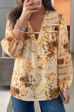 Khaki Paisley Print Decorative Binding Tape V Neck Shift Blouse