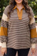 Brown Stripe Colorblock Detail Collar V Neck Plus Size Long Sleeve Top