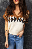 Brown V Neck Short Sleeve Geometric Print Western Style Knit Tee