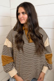 Brown Stripe Colorblock Detail Collar V Neck Plus Size Long Sleeve Top
