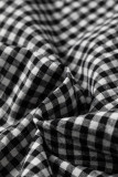 Black Plaid Shirred Cuff Long Sleeve Round Neck Blouse