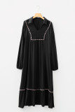 Black Collared V Neck Smocked Detail Contrast Leopard Trim Bracelet Sleeve Long Dress