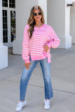 Pink Stripe Textured Knit Color Block Trim Split Hem Long Sleeve Top