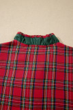 Red Plaid V Neck Ruffle Color Block Trim Short Sleeve Shirt