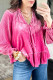 Strawberry Pink V Neck Velvet Ruffled Cuffs Hem Long Sleeve Top