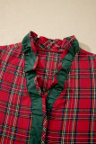 Red Plaid V Neck Ruffle Color Block Trim Short Sleeve Shirt