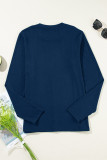 Navy Blue Solid Exposed Seam Crew Neck Long Sleeve Top