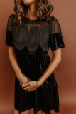 Black Embroidered Velvet Short Sleeve Mini Shift Dress