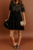 Black Embroidered Velvet Short Sleeve Mini Shift Dress