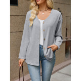 Women V-Neck Pocket Knit Button Cardigan