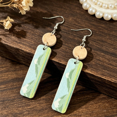Mountain Landscape Rectangle Wooden Dangle Earrings