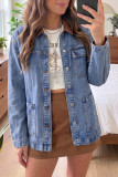 Sky Blue Patchwork Leather Collar Long Sleeve Denim Jacket