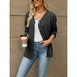 Women V-Neck Pocket Knit Button Cardigan