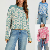 Women Floral Pattern Cropped Knit Sweater