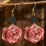 Vintage Rose Hexagonal Wooden Dangle Earrings