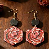 Vintage Rose Hexagonal Wooden Dangle Earrings